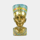 Classical Egyptian Queen Bust Bronze Bust by Giant Sculptures, polished gold-tone face with turquoise and polychrome crown and collarette, on a plain background.