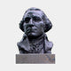 Giant Sculptures' Classical Historical Male Bust, a 90cm dark bronze portrait of an 18th-century figure in cravat and wig, on a speckled granite plinth.