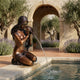 Classical Kneeling Female Figure with Conch Shell Bronze Fountain by Giant Sculptures, set beside a courtyard pool with arches, olive trees, and lavender.