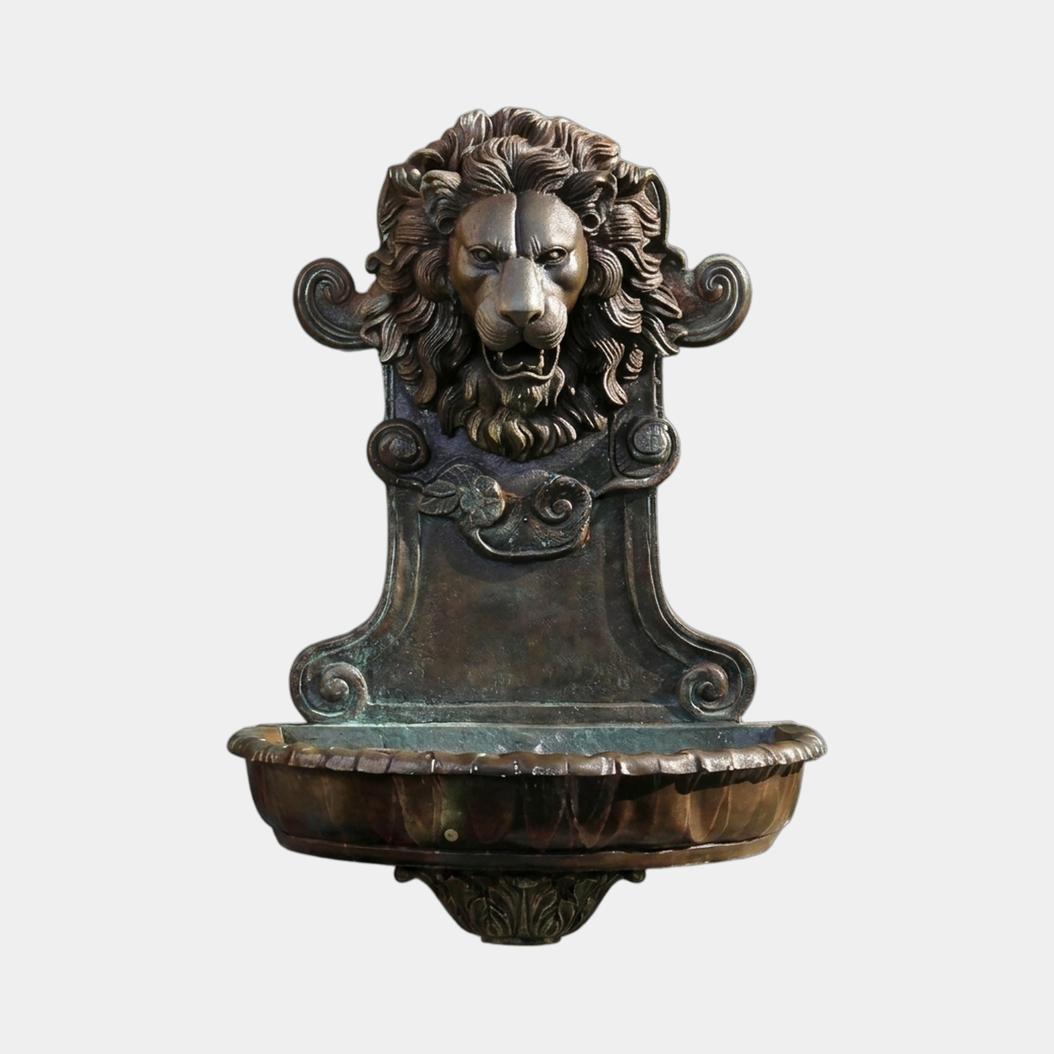 Classical Lion Head Bronze Fountain 70cm by Giant Sculptures, wall-mounted with lion mask spout, scrolled backplate, and scalloped basin in antique brown patina.