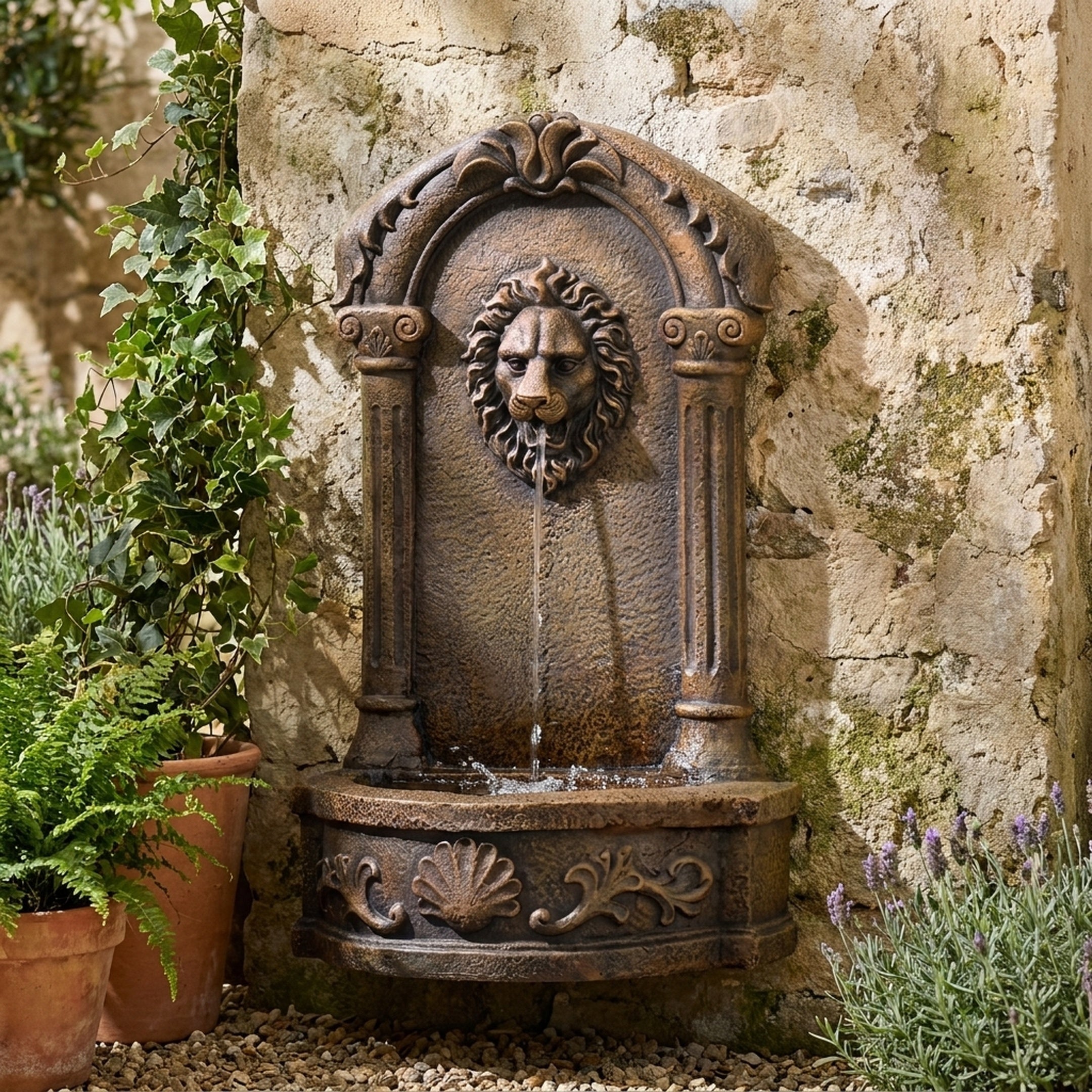 Classical Lion Head Fountain Bronze Sculpture by Giant Sculptures, 100cm wall-mounted piece with arched panel and basin, set against a weathered stone wall beside potted ferns and lavender.