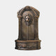Classical Lion Head Fountain Bronze Sculpture by Giant Sculptures, 100cm wall-mounted piece with arched panel, Ionic pilasters, and shell-motif basin on a light background.