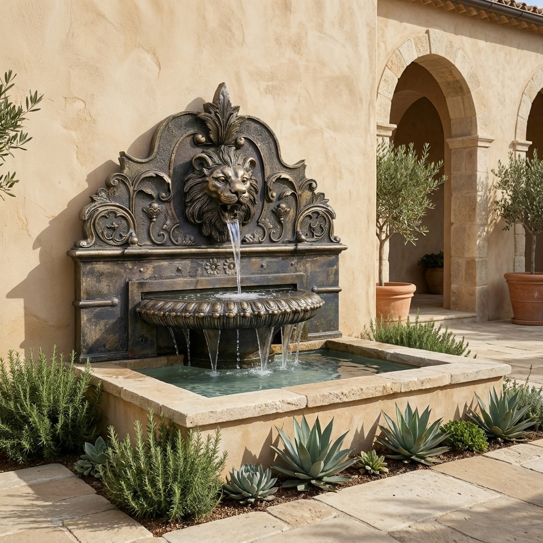 Giant Sculptures Classical Lion Head Wall Fountain in bronze with antique patina, mounted on a rendered courtyard wall beside olive trees, succulents, and stone arches.