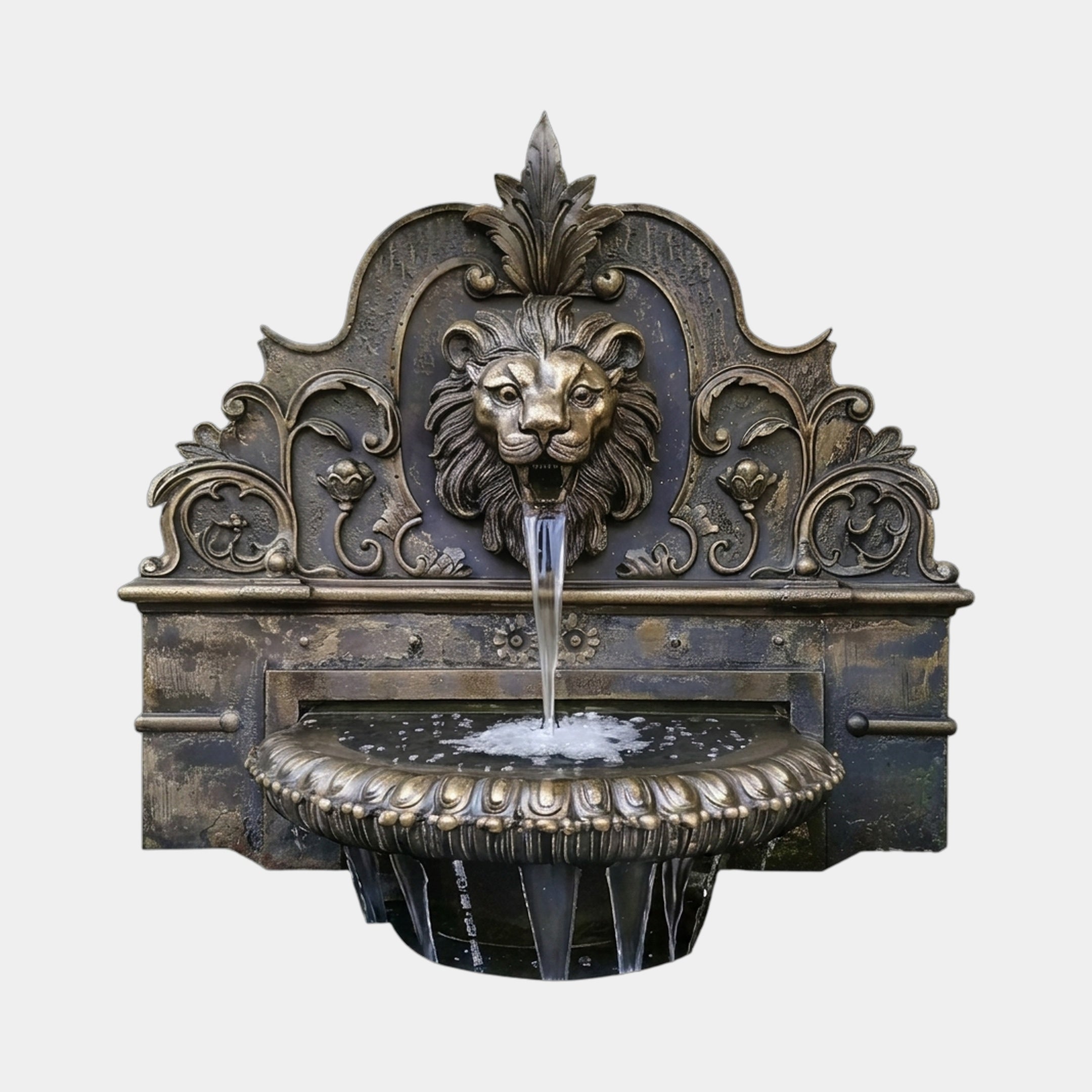 Giant Sculptures' 130cm Classical Lion Head Wall Fountain in cast bronze with antique patina, baroque backplate, acanthus scrollwork, and gadrooned basin catching water.