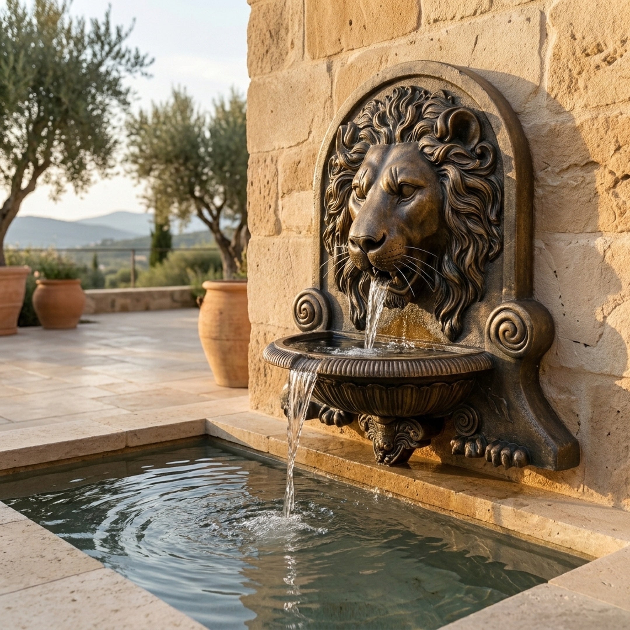 Classical Lion Head Wall Fountain Bronze Sculpture by Giant Sculptures mounted on a stone wall, water flowing from the lion's mouth into a ribbed basin above a pool.