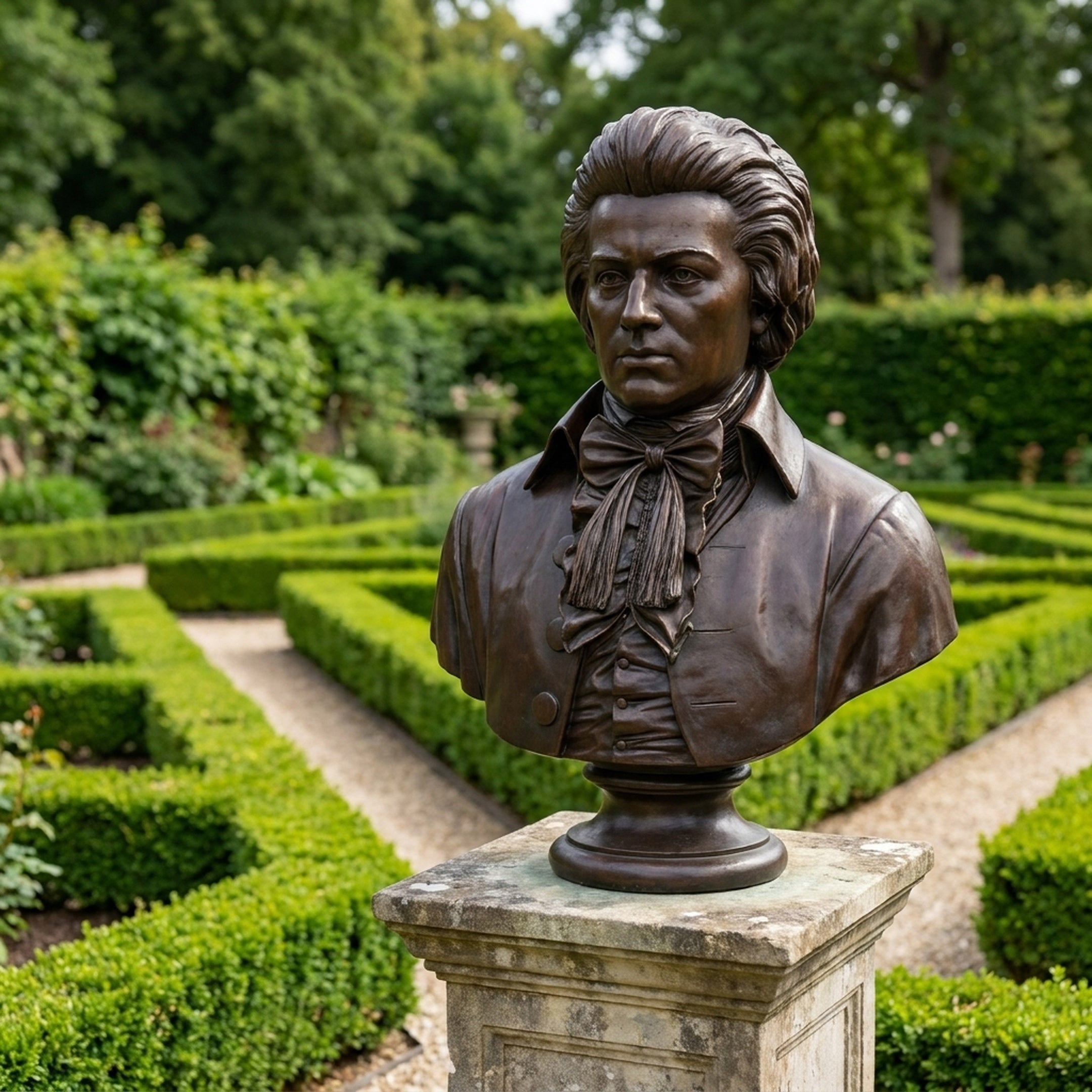Classical Male Bust Bronze Bust 80cm by Giant Sculptures on a weathered stone pedestal in a formal hedged garden, showing period coat and cravat detail.