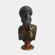 Classical Male Bust Bronze Sculpture from Giant Sculptures, a bearded Greco-Roman head with dark patina on a turned wooden pedestal against a plain background.