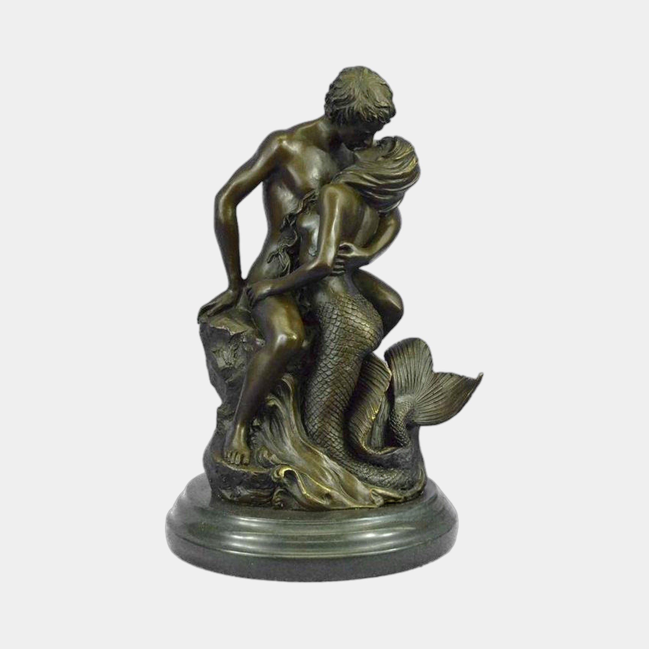 Classical Male Figure and Mermaid Bronze Sculpture by Giant Sculptures, 45cm, showing the nude male embracing the scaled-tail mermaid on a dark marble plinth.