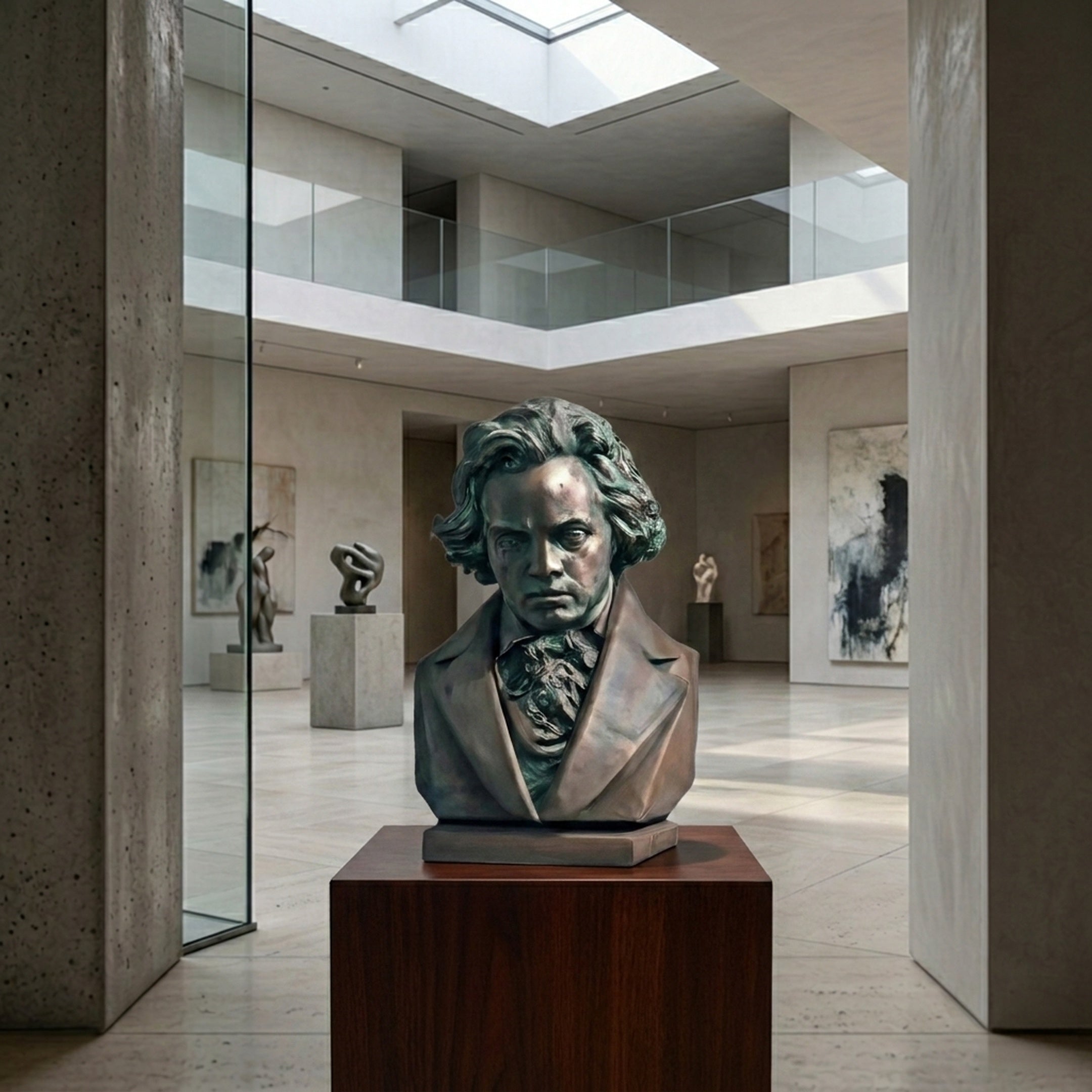Classical Male Historical Figure Bronze Bust 60cm by Giant Sculptures, verdigris patina on windswept hair and cravat, displayed on a dark wood plinth in a gallery.