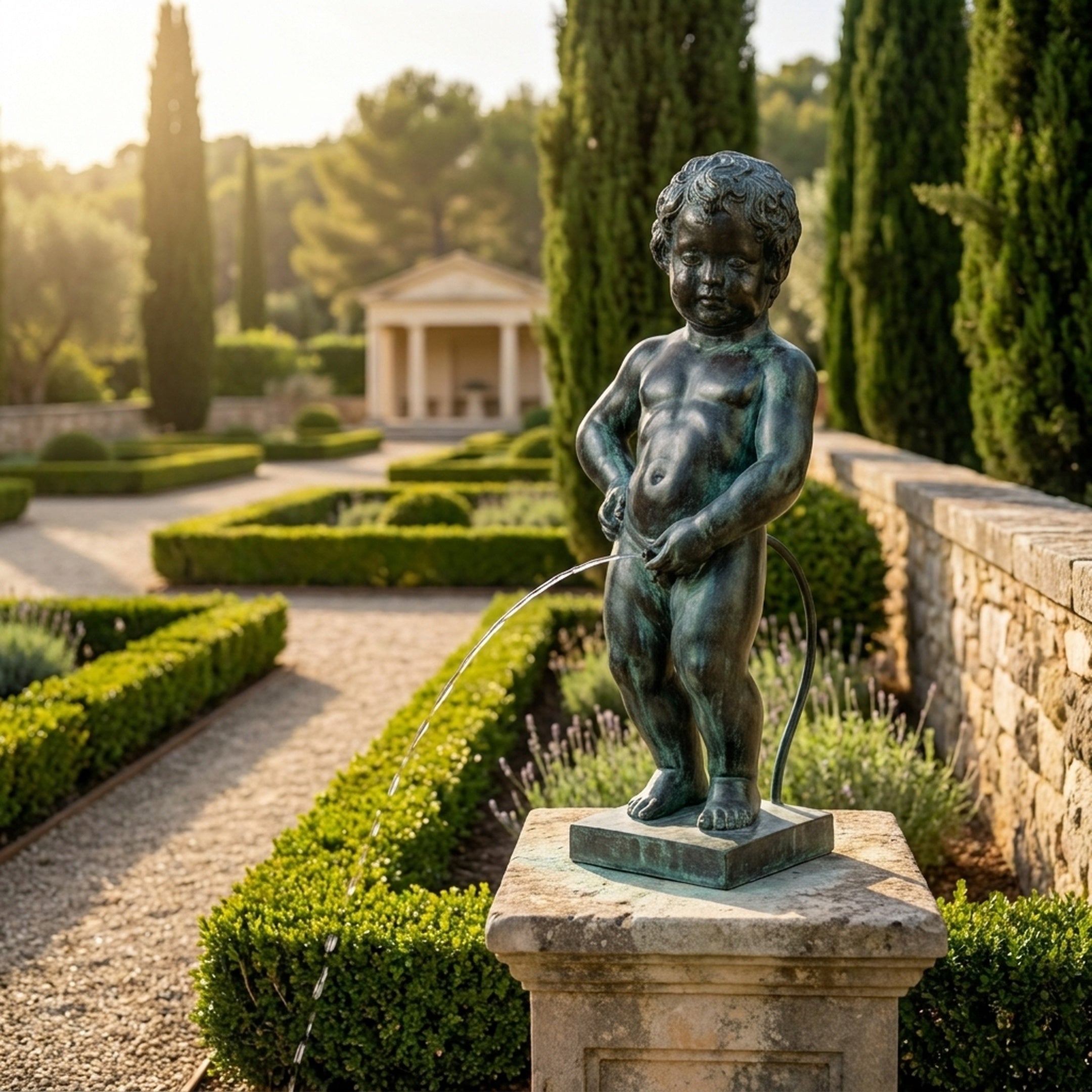 Classical Manneken Pis Boy Bronze Fountain by Giant Sculptures on a stone pedestal, water arcing into a formal garden with clipped hedges and cypress trees.
