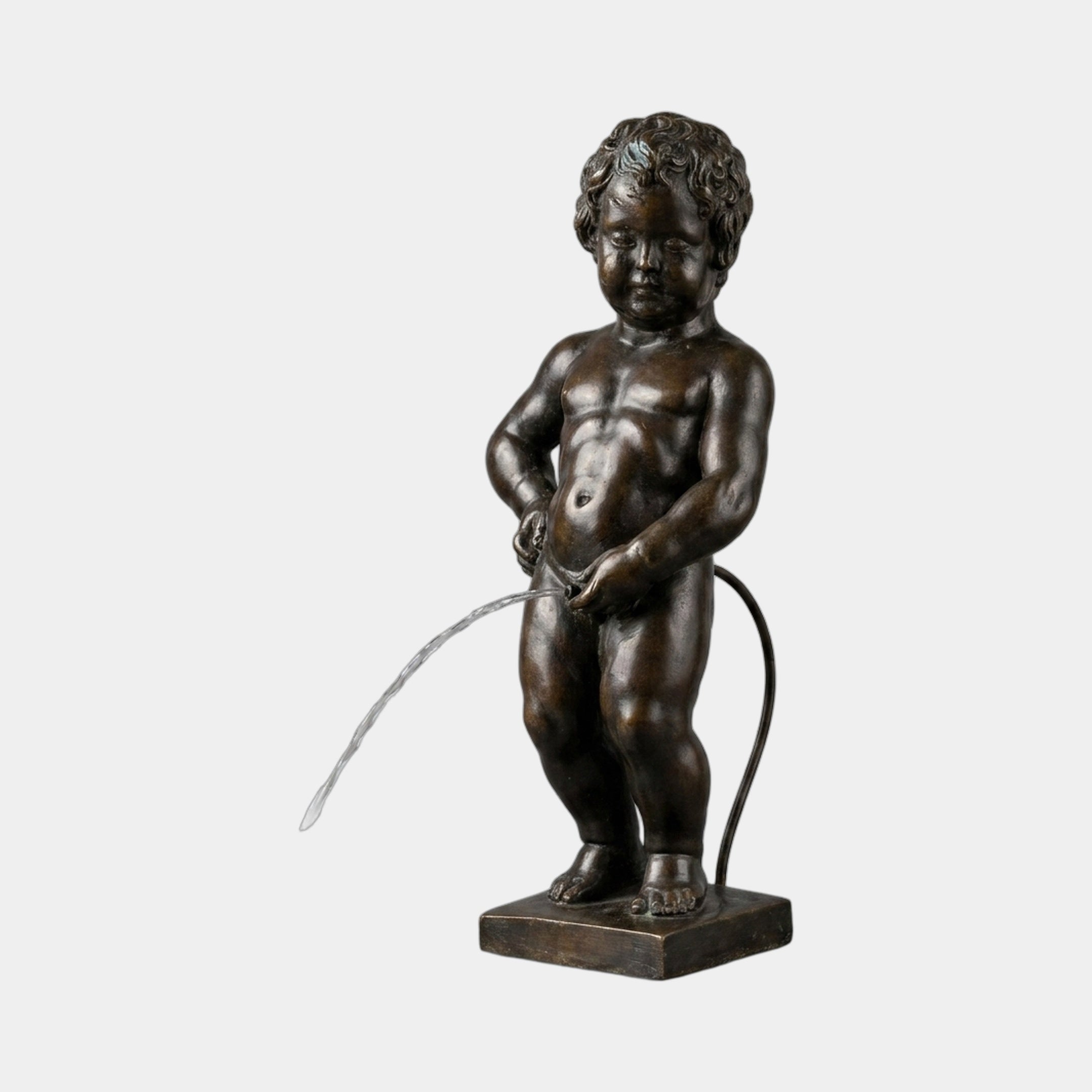 Classical Manneken Pis Boy Bronze Fountain by Giant Sculptures, 60cm dark patinated cast bronze figure on a square base with water arcing from the front.