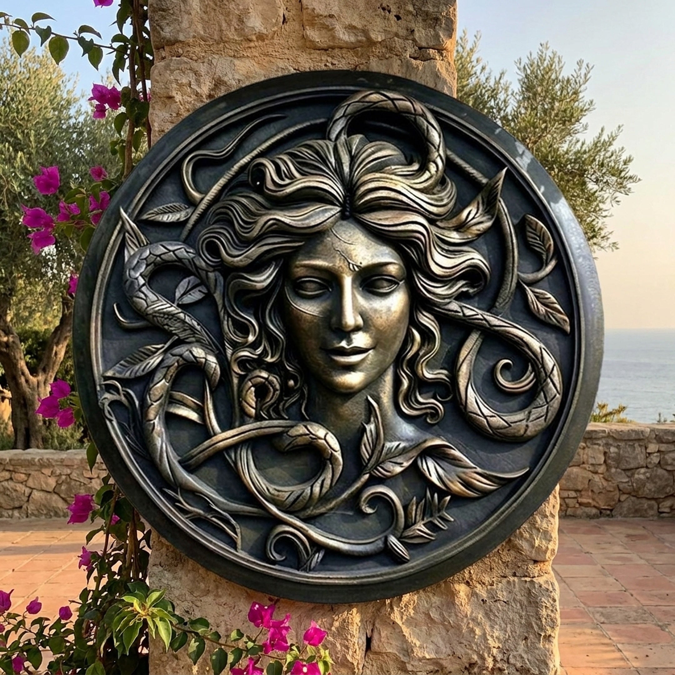 Classical Medusa Head Bronze Relief 80cm by Giant Sculptures, mounted on a stone column with serpents and foliage framing the face, overlooking the sea.