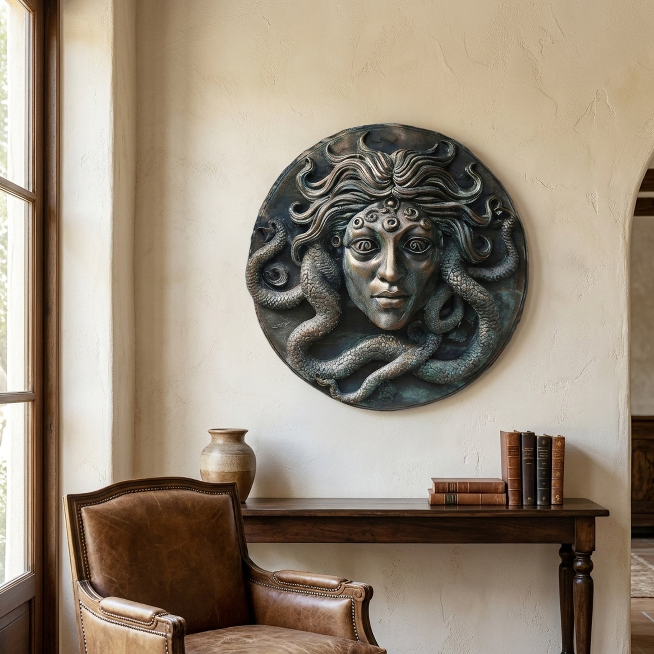 Classical Medusa Head Bronze Relief by Giant Sculptures, an 80cm circular wall medallion with antique patina, mounted above a wooden console table with books and a ceramic vase.