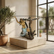 Giant Sculptures Classical Mermaid and Dolphin Bronze Sculpture 90cm with glass top, polychrome mermaid, silver dolphin and turtle, on travertine plinth indoors.