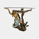 Classical Mermaid and Dolphin Bronze Sculpture by Giant Sculptures, 90cm, with gold mermaid, silver-grey dolphin, turtle, and glass tabletop on a plain background.