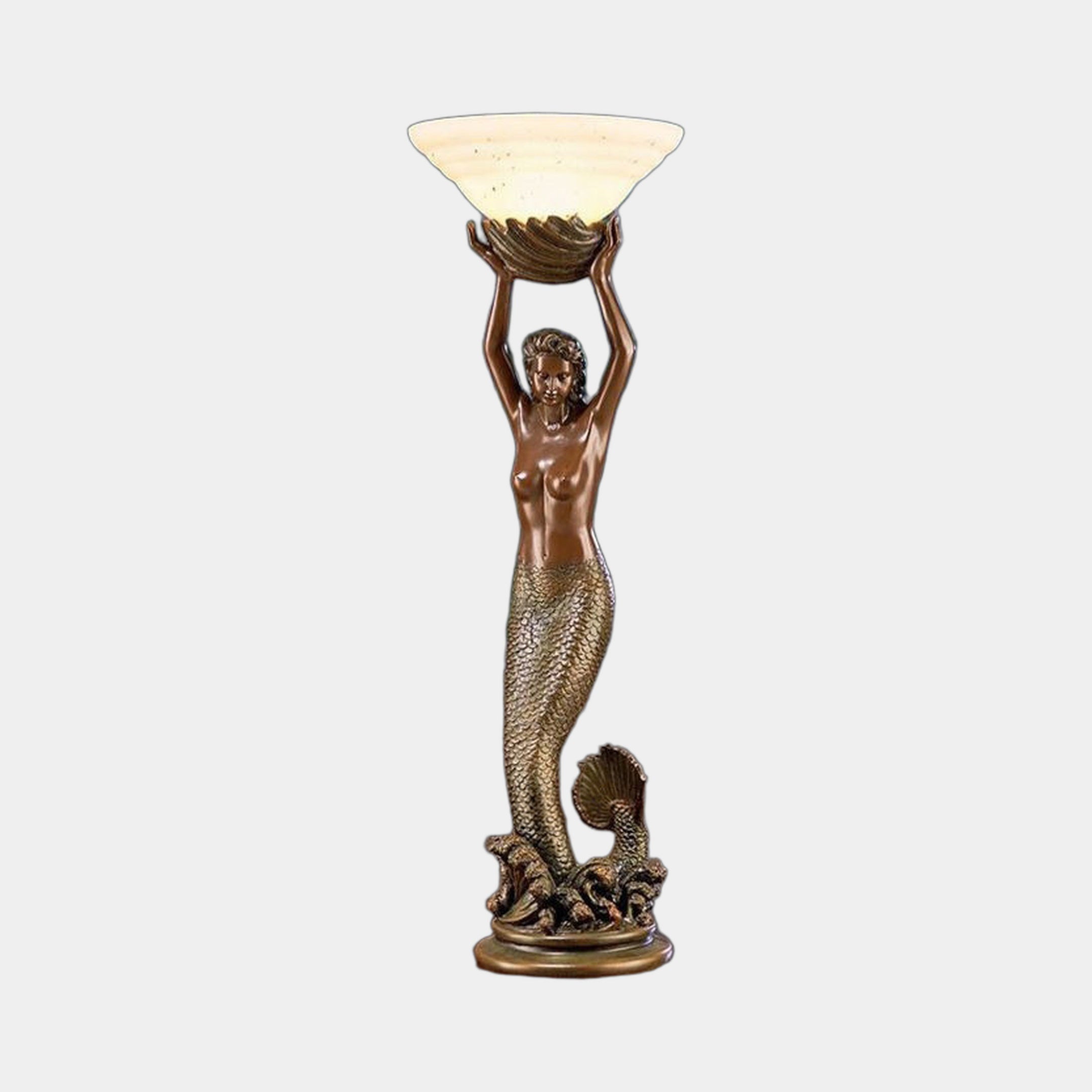 Classical Mermaid Floor Lamp Bronze Sculpture by Giant Sculptures, 120cm, with arms raised holding a cream shell-form shade above a swirling wave base.