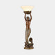 Classical Mermaid Floor Lamp Bronze Sculpture by Giant Sculptures, 120cm, with arms raised holding a cream shell-form shade above a swirling wave base.
