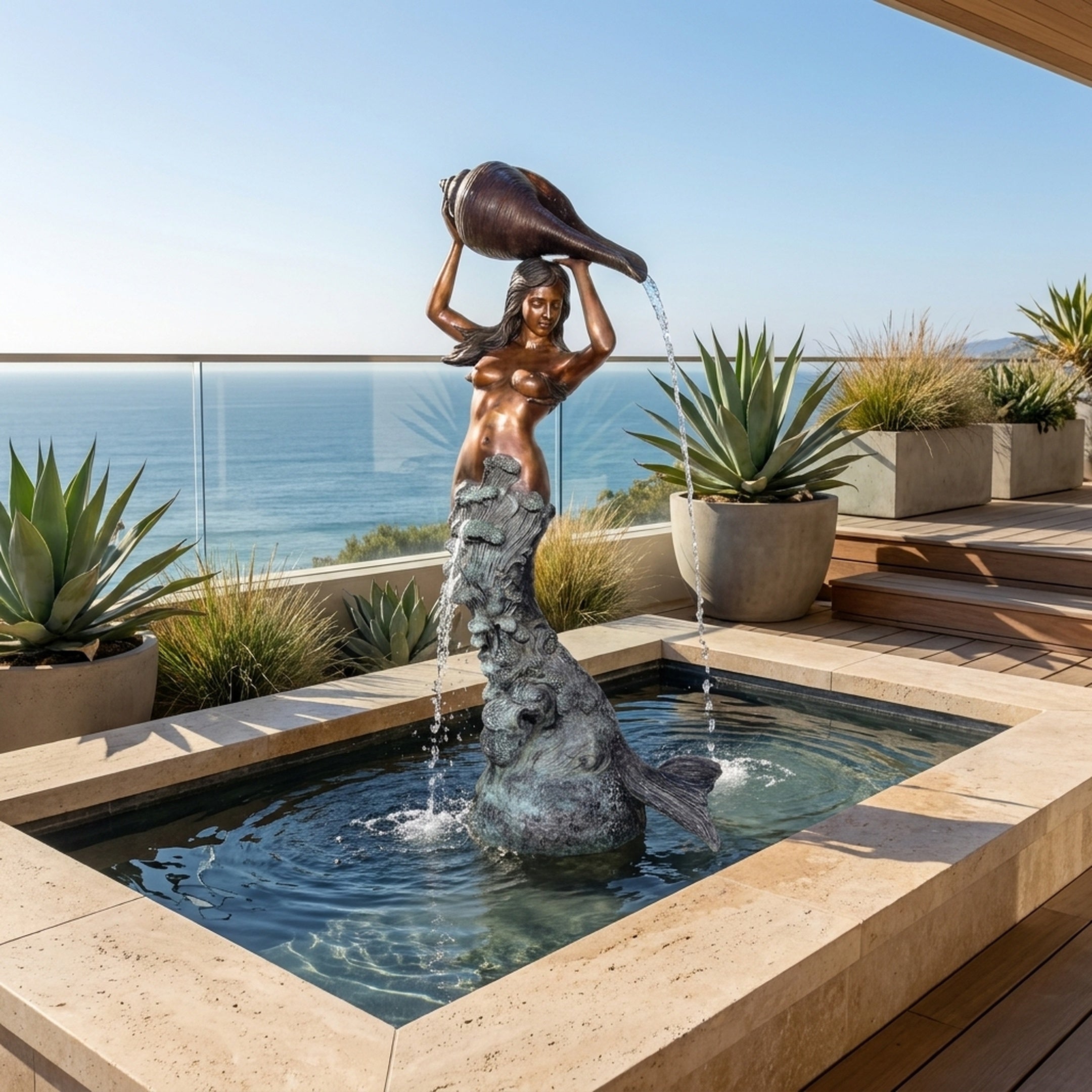 Classical Mermaid Fountain Bronze Sculpture by Giant Sculptures, 200cm, pouring water from a conch shell into a stone pool on an oceanview terrace.