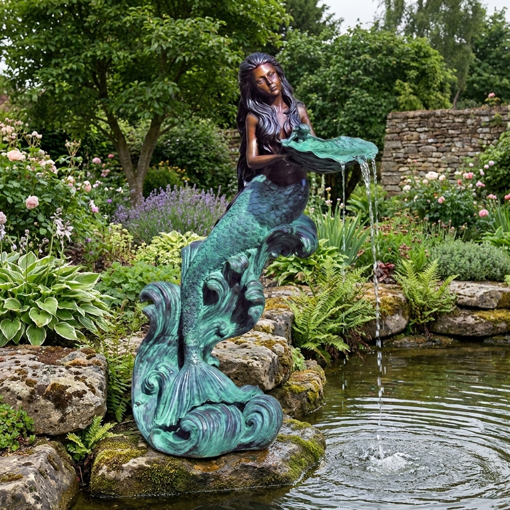 Classical Mermaid Fountain Bronze Sculpture by Giant Sculptures with verdigris tail and shell dish pouring water into a garden pond beside rocks and flowers.