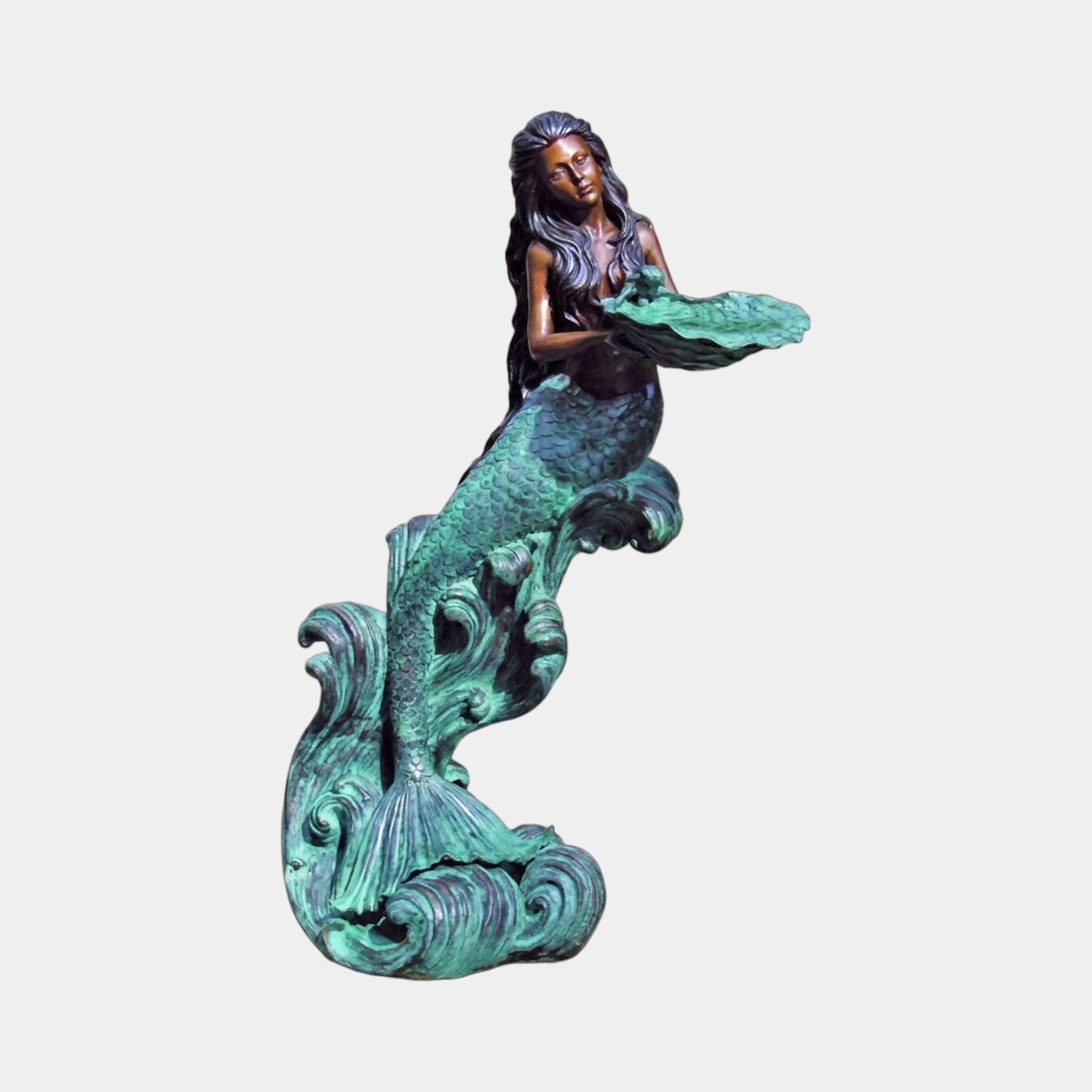 Classical Mermaid Fountain Bronze Sculpture by Giant Sculptures, 250cm, with dual-tone brown and verdigris patina, holding a shell dish above a scrolling wave base.