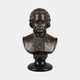 Giant Sculptures' Classical Mozart Composer Bronze Bust, 55cm, shown front-facing with curled wig and period coat in dark patina on a black turned pedestal.