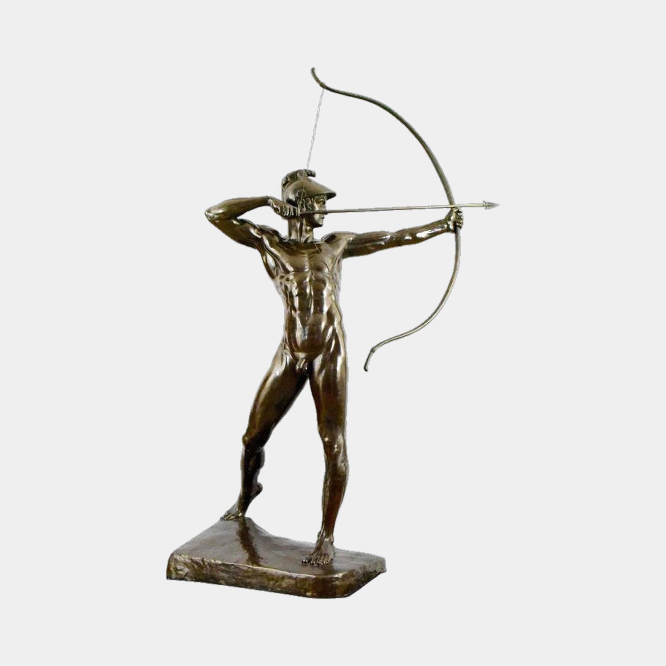Classical Nude Male Archer Bronze Sculpture by Giant Sculptures, 120cm warrior in full draw with crested helmet and extended bow, shown on a plain background.
