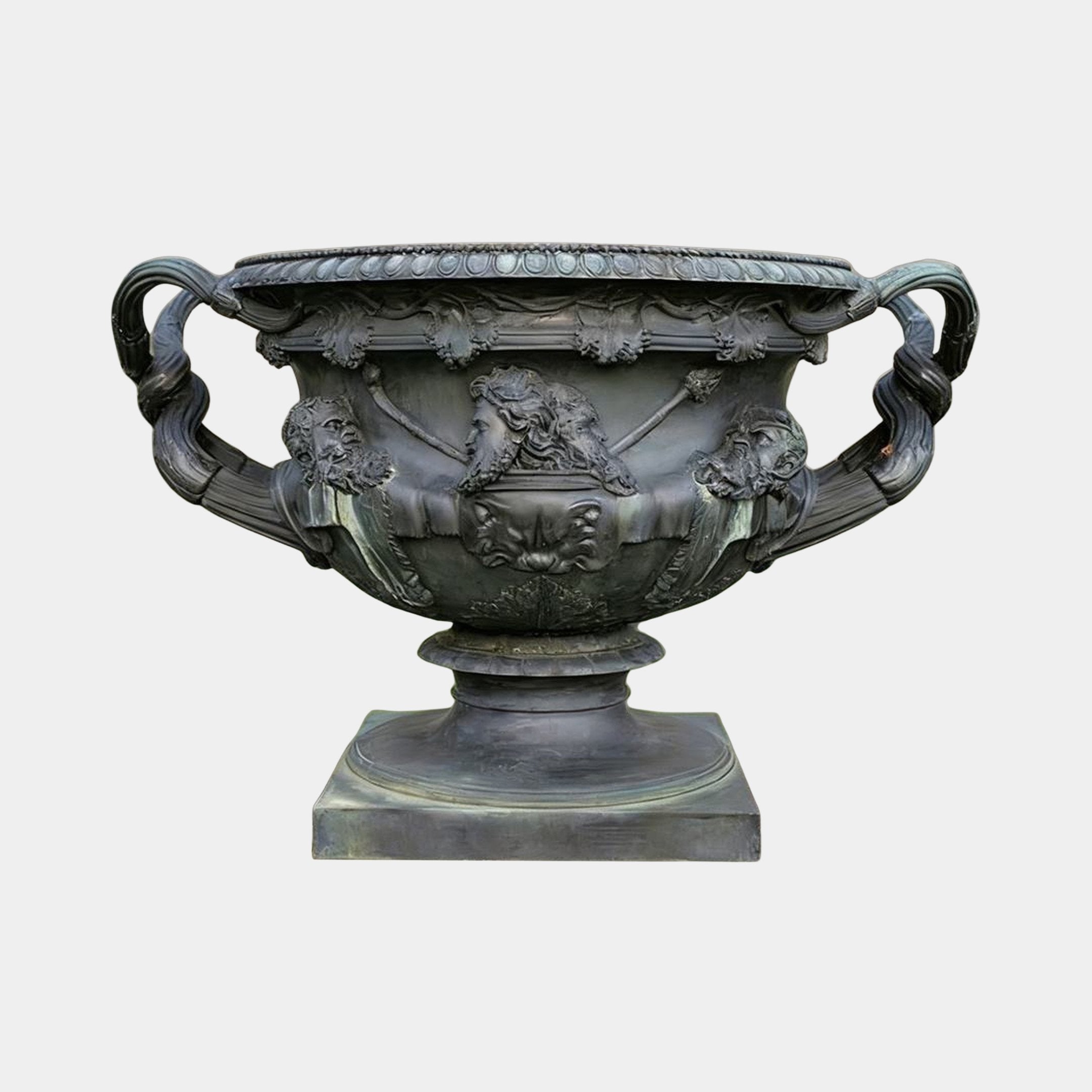 Classical Ornate Urn Bronze Sculpture 160cm by Giant Sculptures, dark antique patina with bearded mask medallions, swag garlands, and scrolled handles on a square plinth.