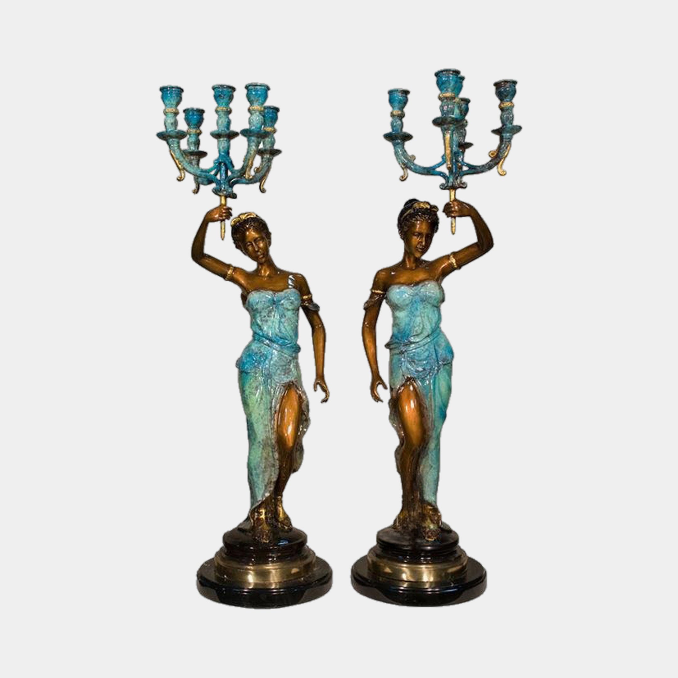 Classical Paired Goddess Candelabra Bronze Sculpture by Giant Sculptures, two mirrored 80cm figures in teal robes raising gold-accented candelabra on round plinths.