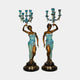 Classical Paired Goddess Candelabra Bronze Sculpture by Giant Sculptures, two mirrored 80cm figures in teal robes raising gold-accented candelabra on round plinths.