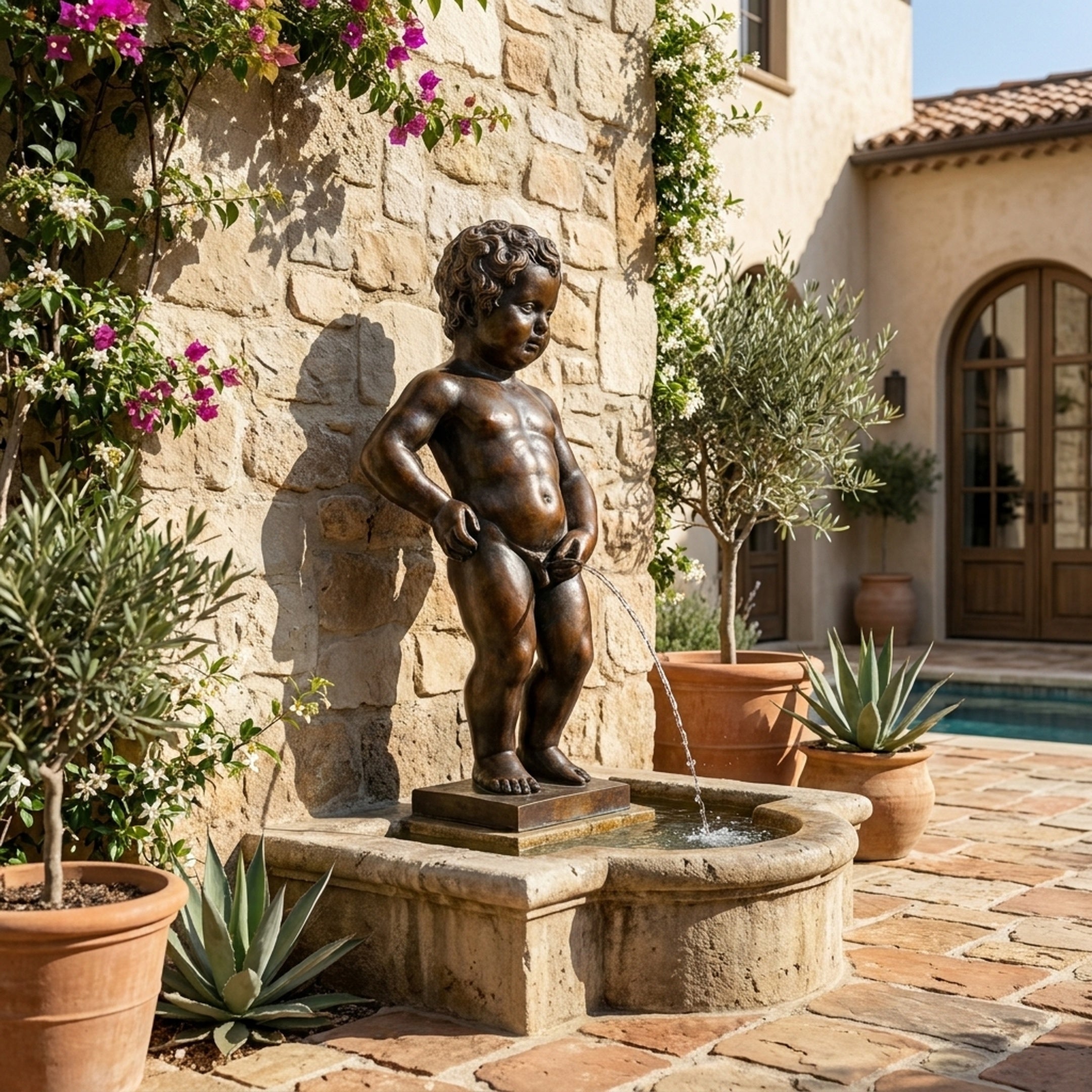 Classical Peeing Boy Bronze Fountain by Giant Sculptures, 80cm dark patina figure on a stone basin in a Mediterranean courtyard with bougainvillea and olive trees.