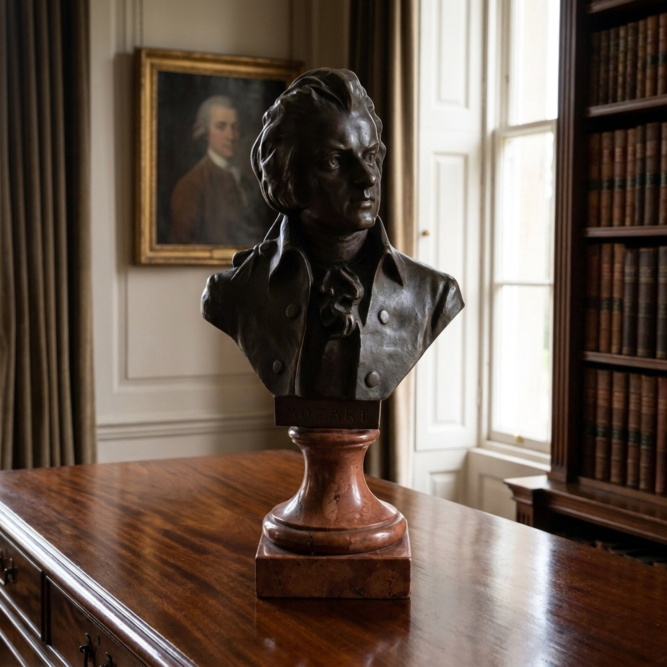 Giant Sculptures Classical Portrait Bust Bronze 60cm of Mozart on a reddish marble pedestal, displayed on a wooden cabinet in a library with a portrait painting.
