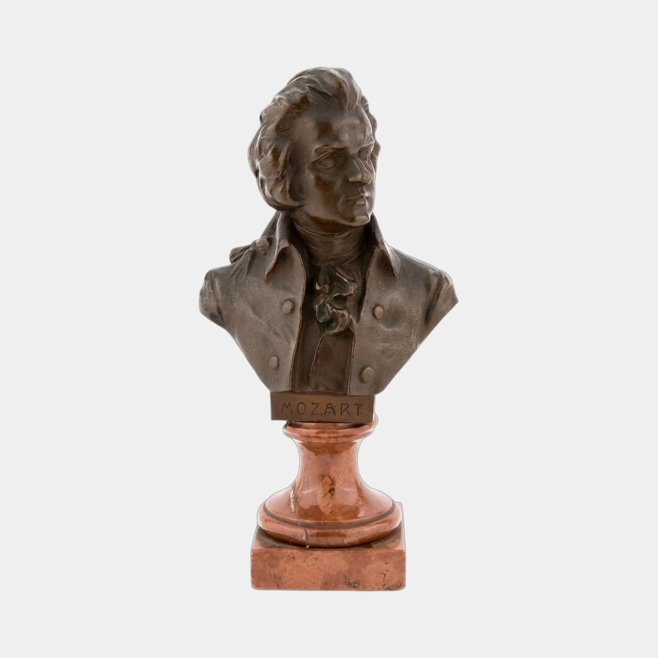 Classical Portrait Bust Bronze Bust 60cm by Giant Sculptures, depicting Mozart in three-quarter profile with dark patina, on a reddish-orange marble pedestal.
