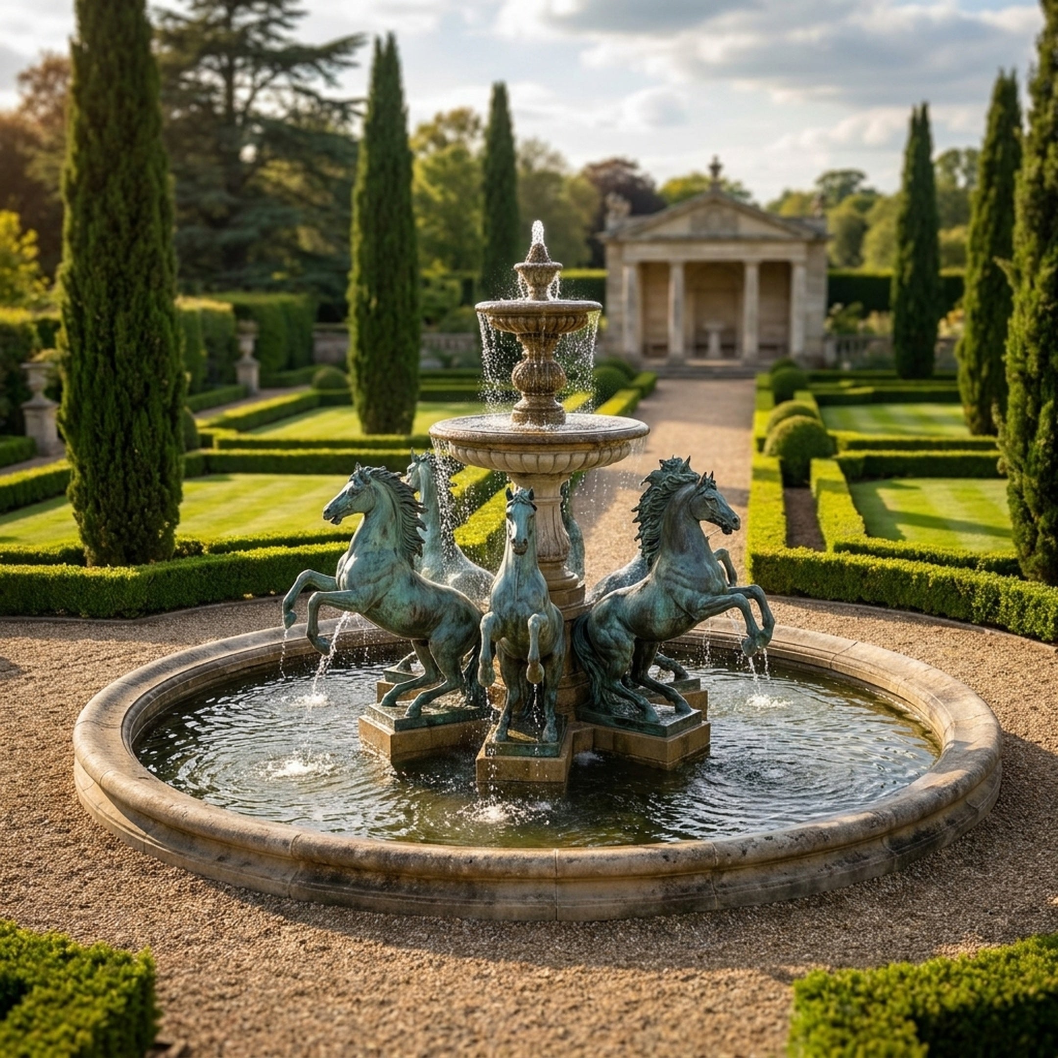 Giant Sculptures Classical Rearing Horses and Tiered Fountain Bronze Sculpture 250cm with verdigris horses around a stone tiered fountain in a formal topiary garden.