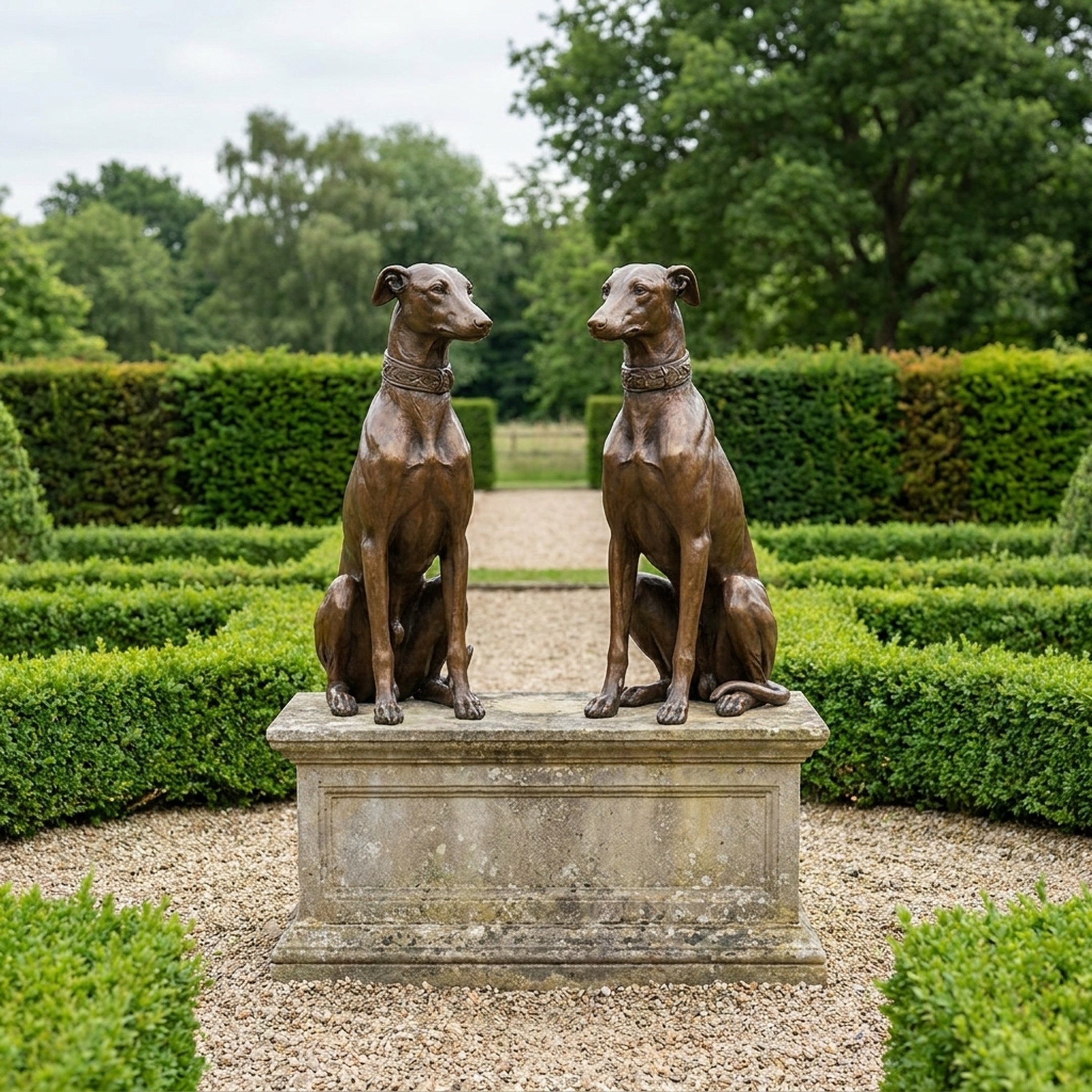 Classical Seated Greyhound Pair Bronze Sculpture by Giant Sculptures, two mirrored dogs with warm brown patina on a stone plinth in a formal hedged garden.