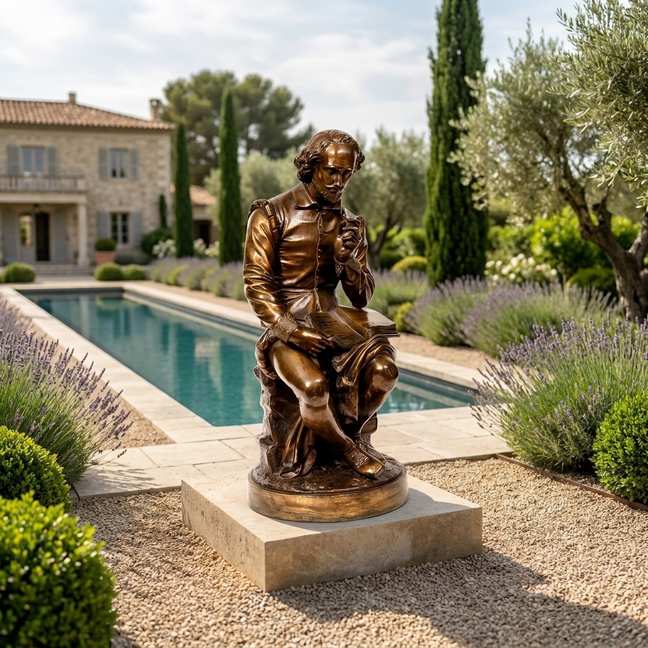 Classical Seated Male Figure Bronze Sculpture by Giant Sculptures, 120cm, shown on a stone plinth beside a lap pool framed by lavender and cypress trees.
