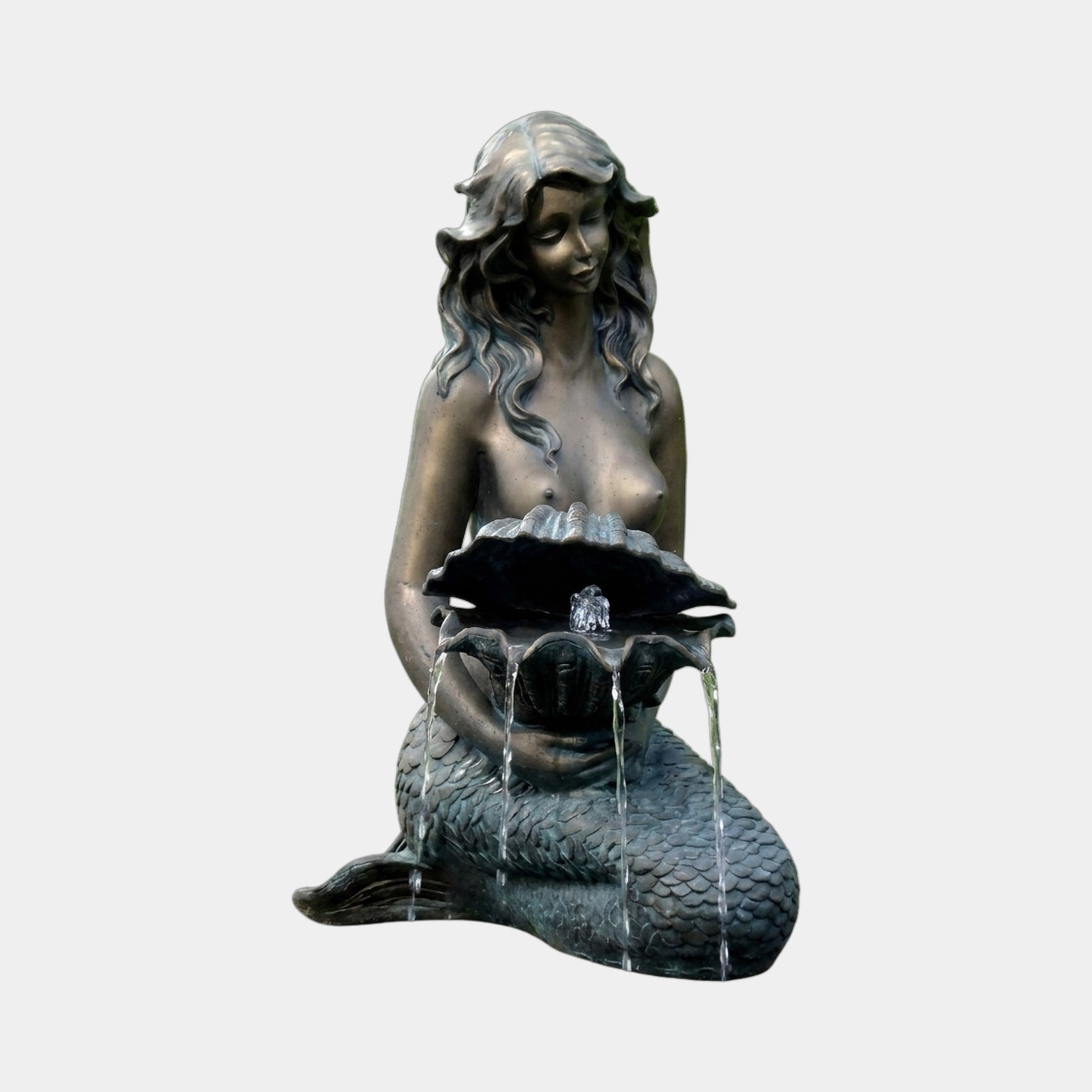 Classical Seated Mermaid Bronze Fountain 100cm by Giant Sculptures, antique patina mermaid cradling an open clamshell with water cascading over her scaled tail.