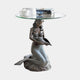 Classical Seated Mermaid Bronze Sculpture Table by Giant Sculptures, 75cm, with dark patinated mermaid holding a conch beneath a round clear glass top.