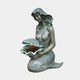 Classical Seated Mermaid with Clam Shell Bronze Fountain by Giant Sculptures, 120cm verdigris patina figure cradling an open ribbed shell, on plain background.