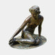 Classical Semi-Reclined Nude Female Bronze Fountain Sculpture by Giant Sculptures, seated figure with laurel wreath and warm brown verdigris patina on circular plinth.