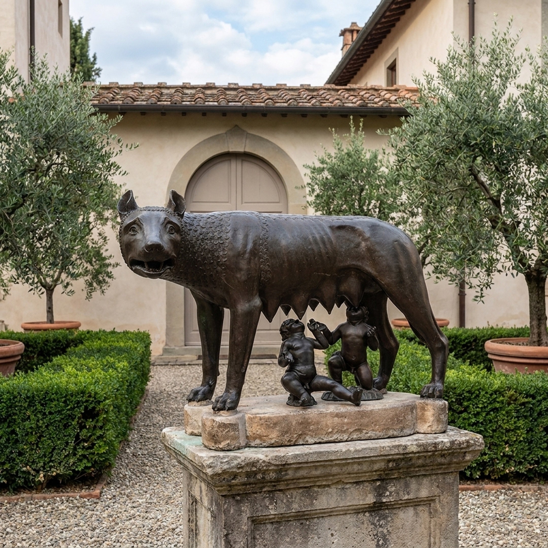 Classical She-Wolf Nursing Two Infants Bronze Sculpture by Giant Sculptures on a rough stone plinth in a courtyard framed by olive trees.