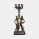 Classical Two Female Figures Candelabra Bronze Sculpture by Giant Sculptures, showing two draped women supporting a five-arm candelabra on a black marble plinth.