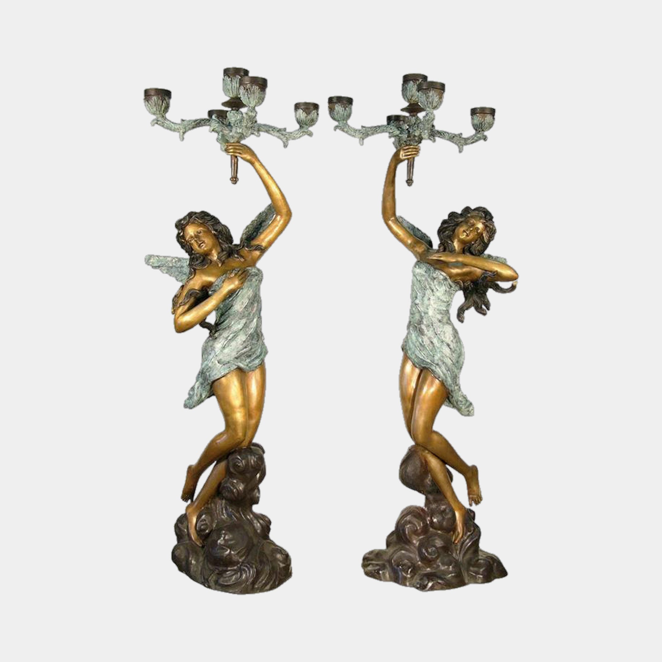 Mirrored pair of Classical Winged Angel Candelabra Bronze Sculptures by Giant Sculptures, two-tone gold and verdigris figures raising five-arm candelabra on cloud bases.