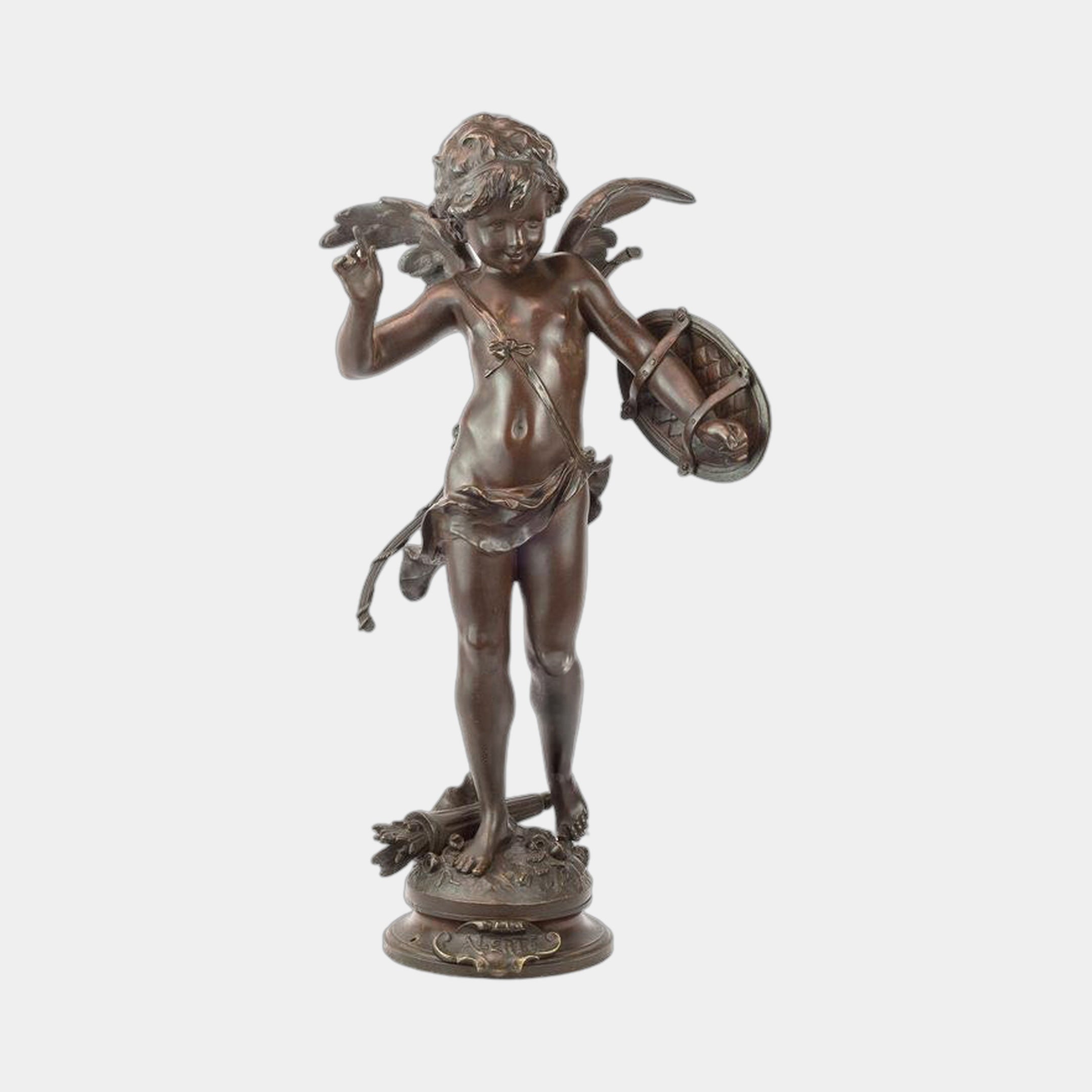 Classical Winged Cherub Bronze Sculpture by Giant Sculptures, 120cm cupid in contrapposto holding a bird and wicker basket, warm patina, oval scrollwork base.