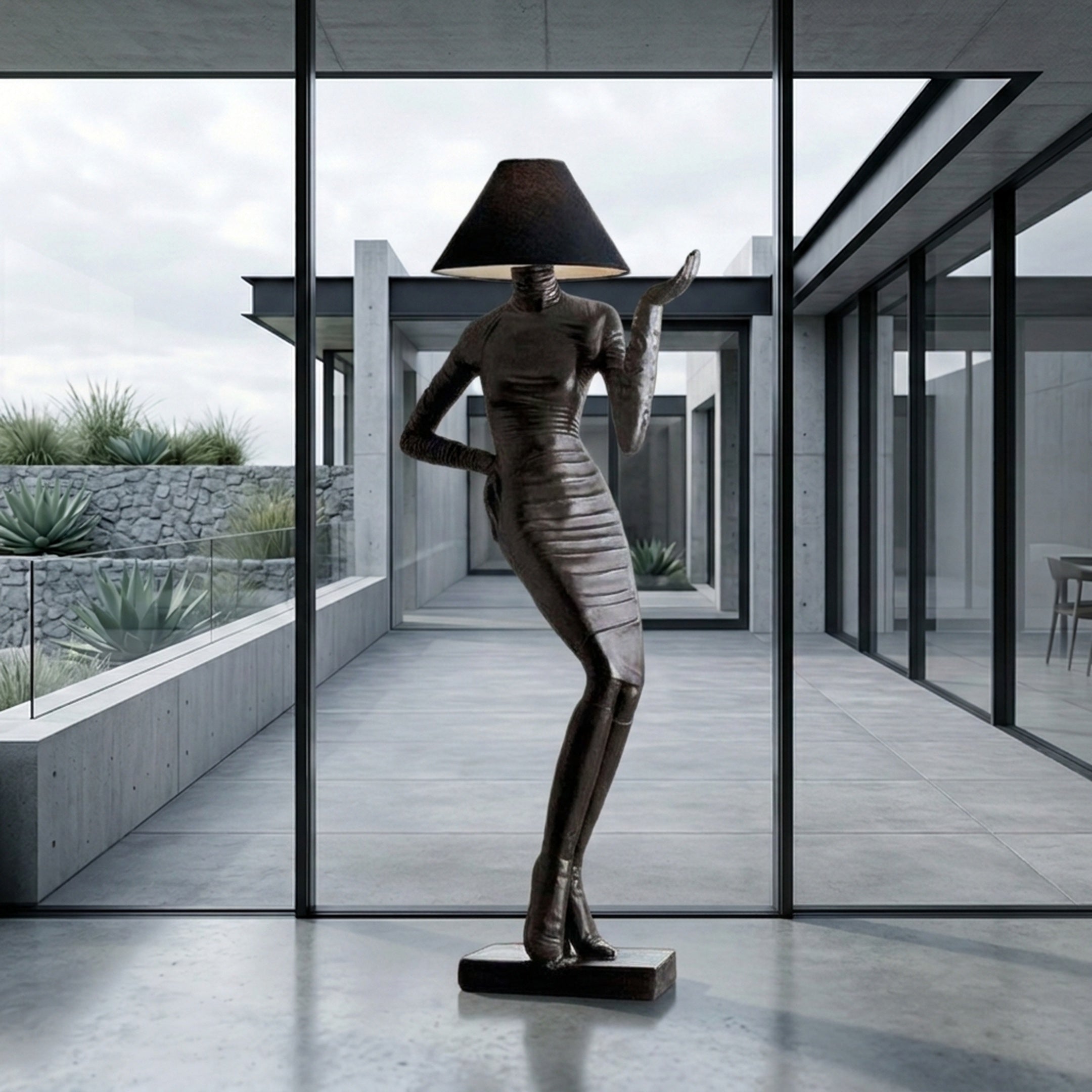 Contemporary Abstract Female Figure Bronze Sculpture 210cm by Giant Sculptures, dark patina figure with conical lampshade head, displayed in a concrete courtyard.