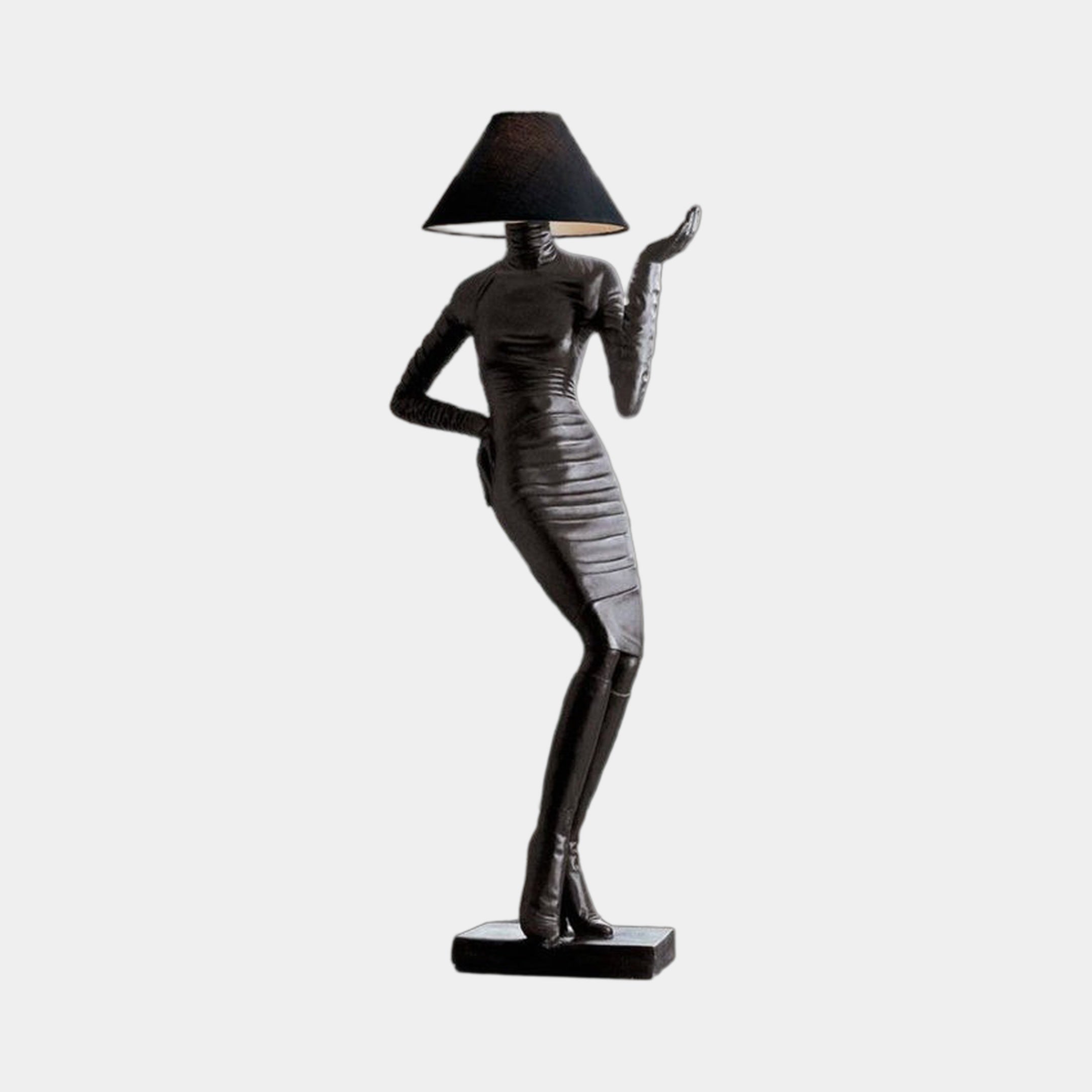 Giant Sculptures Contemporary Abstract Female Figure Bronze Sculpture 210cm in dark patina, posed with raised hand and black conical lampshade head, on plain background.