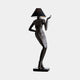 Giant Sculptures Contemporary Abstract Female Figure Bronze Sculpture 210cm in dark patina, posed with raised hand and black conical lampshade head, on plain background.