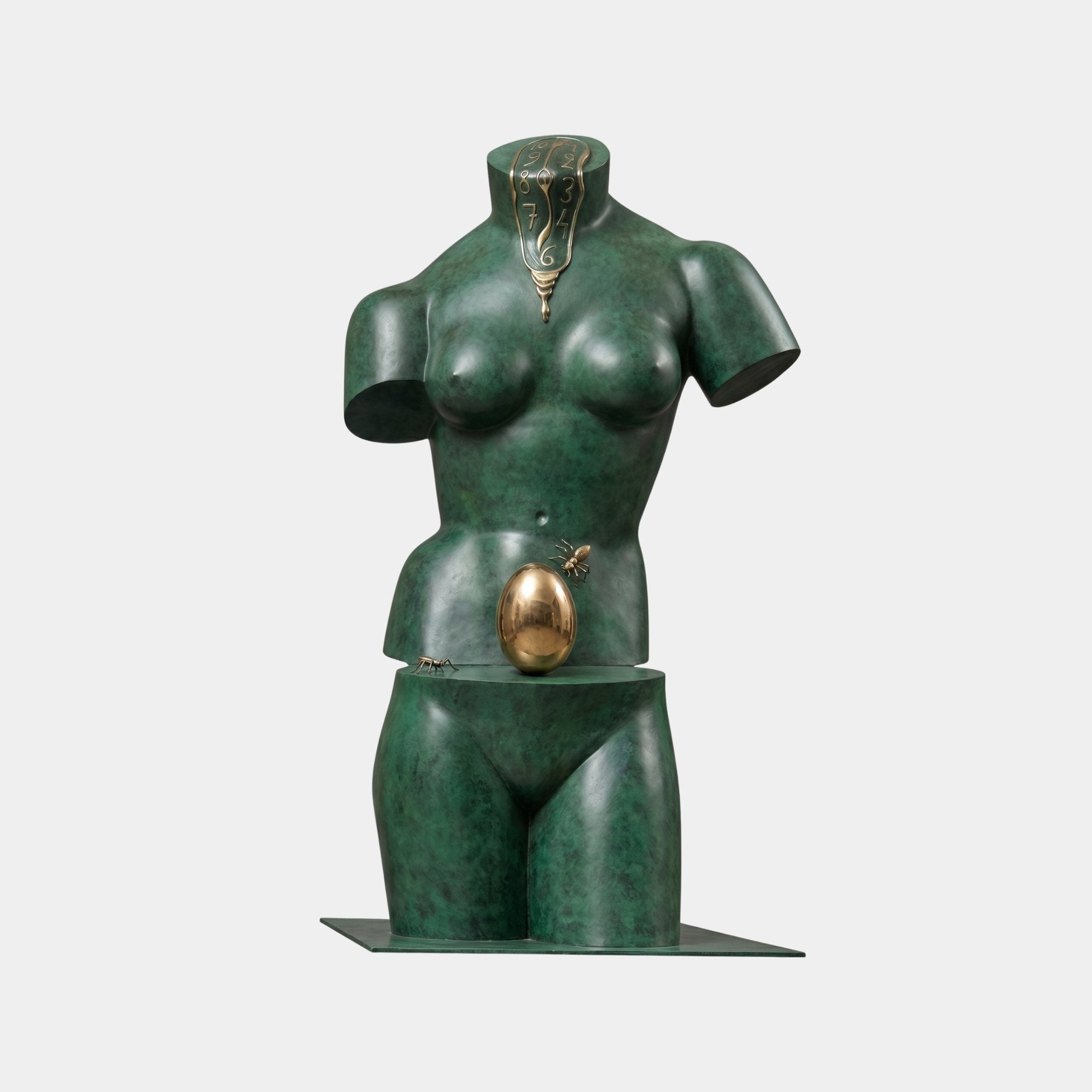 Contemporary Abstract Female Torso Bronze Sculpture by Giant Sculptures, 70cm, with green verdigris patina, melting clock neck, and polished gold egg and ants at the split waist.
