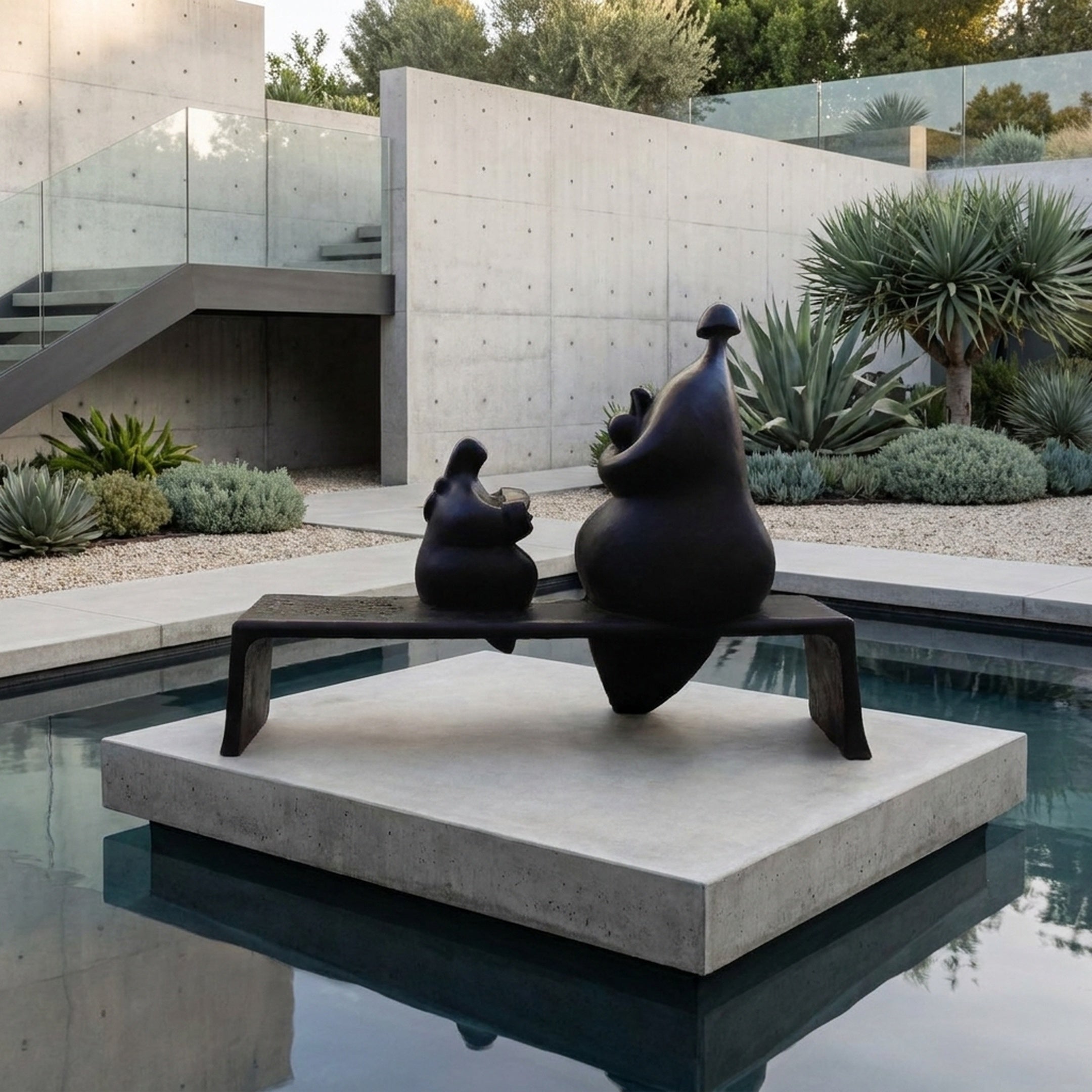Giant Sculptures Contemporary Abstract Rotund Figures Bronze Sculpture in near-black patina, two biomorphic figures on a bench, set on a concrete plinth above a pool.