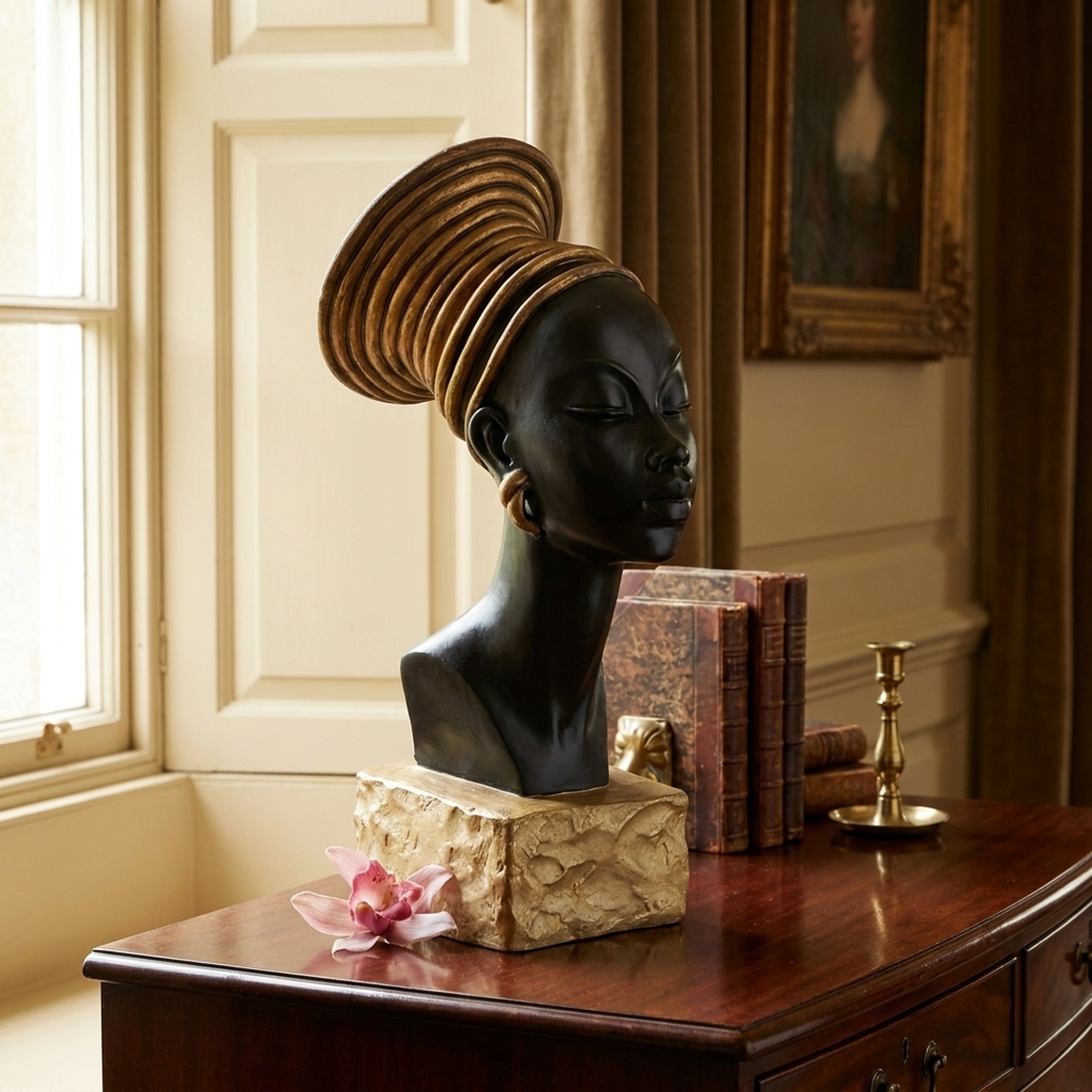 Giant Sculptures Contemporary African Female Bust Bronze Sculpture 70cm with matte black face and coiled gold headwrap, displayed on a wooden console beside antique books.
