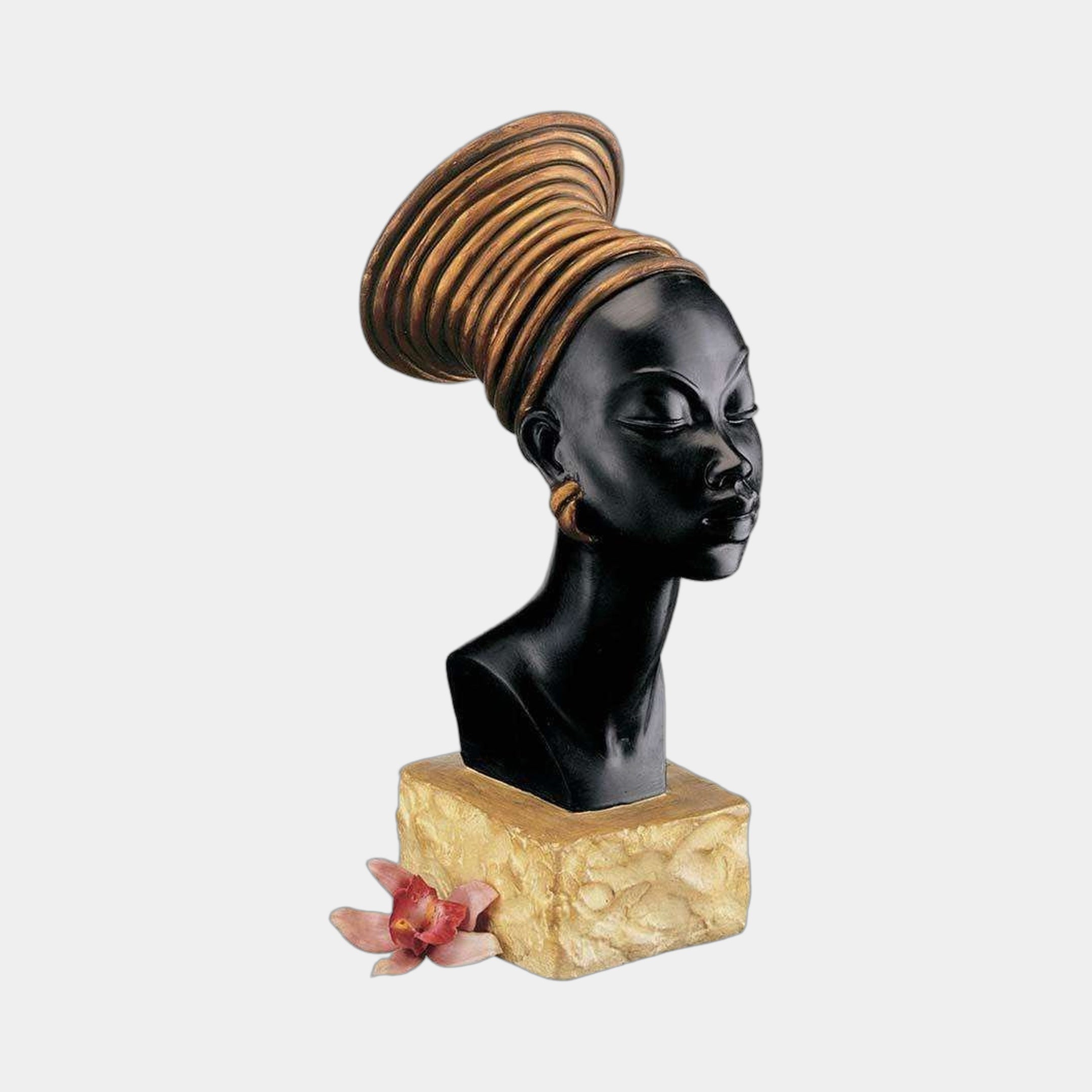Contemporary African Female Bust Bronze Sculpture by Giant Sculptures, 70cm, with matte black face, ridged bronze-gold head wrap, and textured gold plinth.